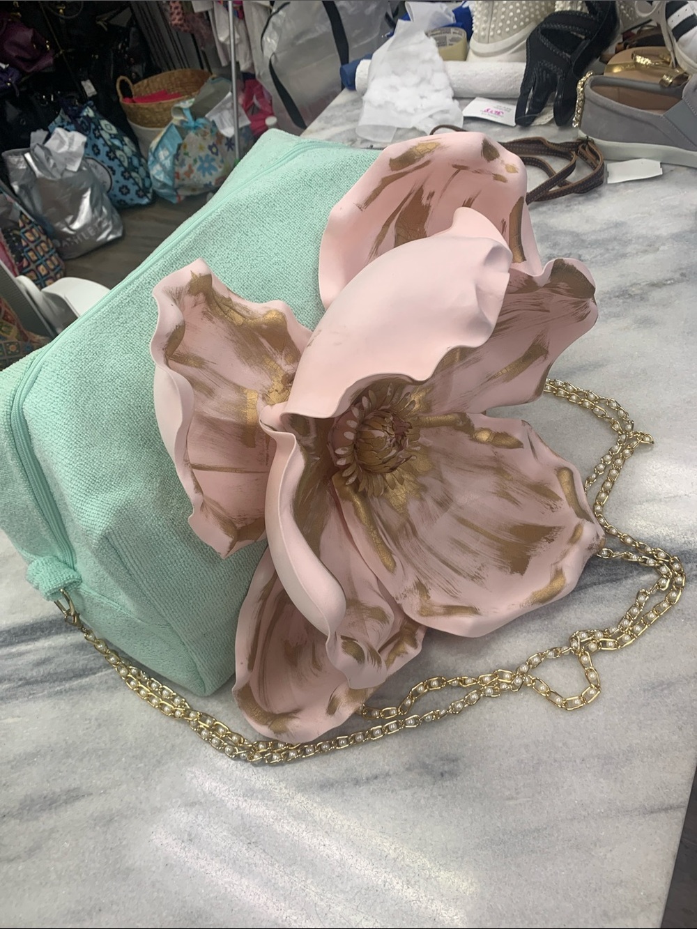 Judith March Mint Crossbody with Pink Floral Accent and Gold Chain